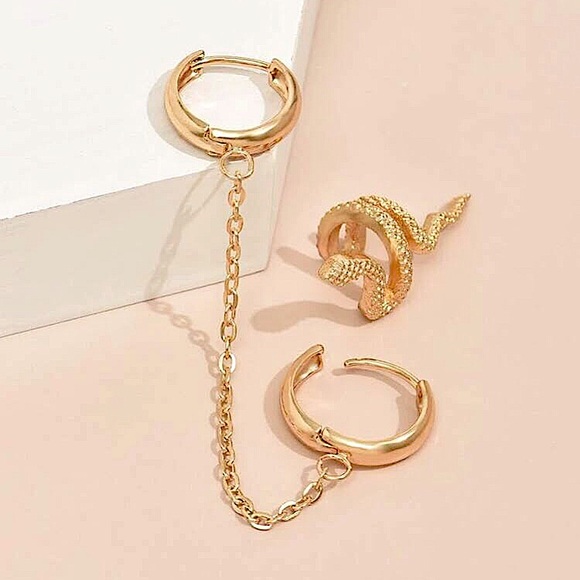 ⚜️[𝟯/$𝟭𝟴]⚜️Gold Snake Double Hoop Chained Earrings Set NEW - Picture 2 of 5